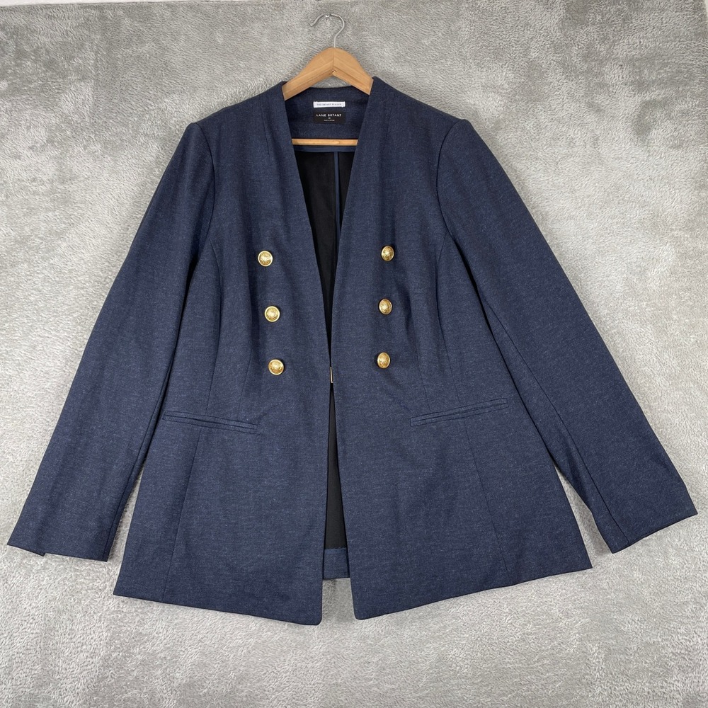 Lane Bryant The Bryant Blazer Womens 18 Navy Blue Gold Crest Button Workwear‎